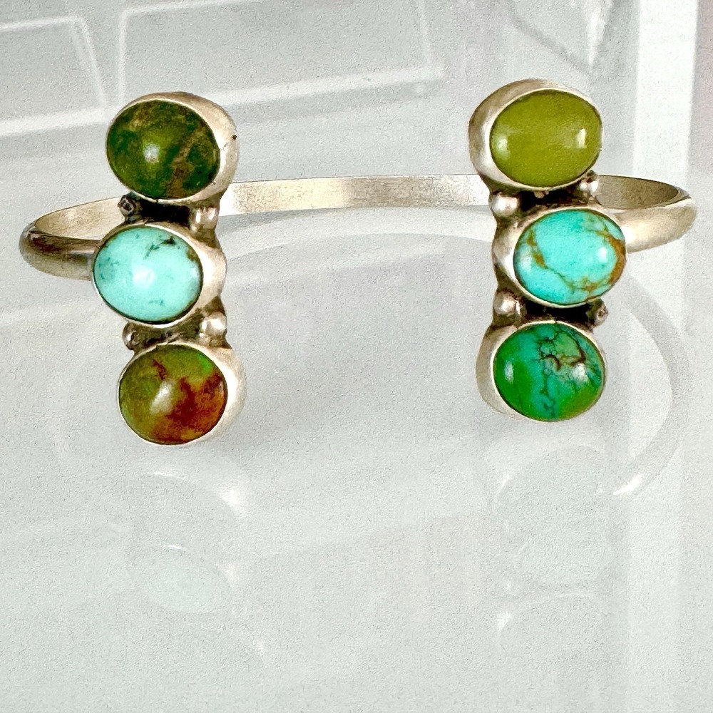 Mixed Turquoise Navajo Reverse Cuff Bracelet 6.5in Signed James 14g Sterling USA - Picture 3 of 9